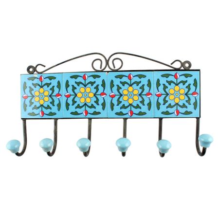 Turquoise Ceramic Floral Tiles Hook 